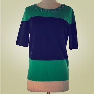 Color block half sleeve w/ embellished neckline